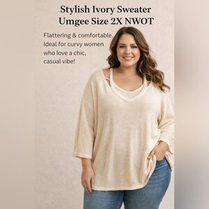 Umgee Ivory Textured Cutout Neck Top 2X NWOT Boho Flowy Oversized Boutique